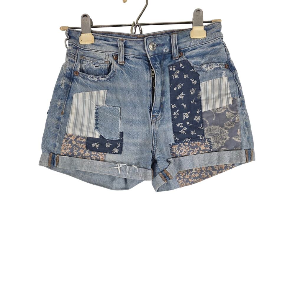 American Eagle Patchwork Mom Shorts 0 Womens‎ Mid Rise Distressed Cuffed